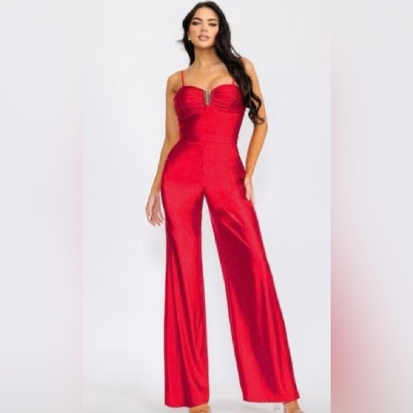 Gibiu Pants - Gibiu Red Satin Solid Stretch Wide Leg Jumpsuit